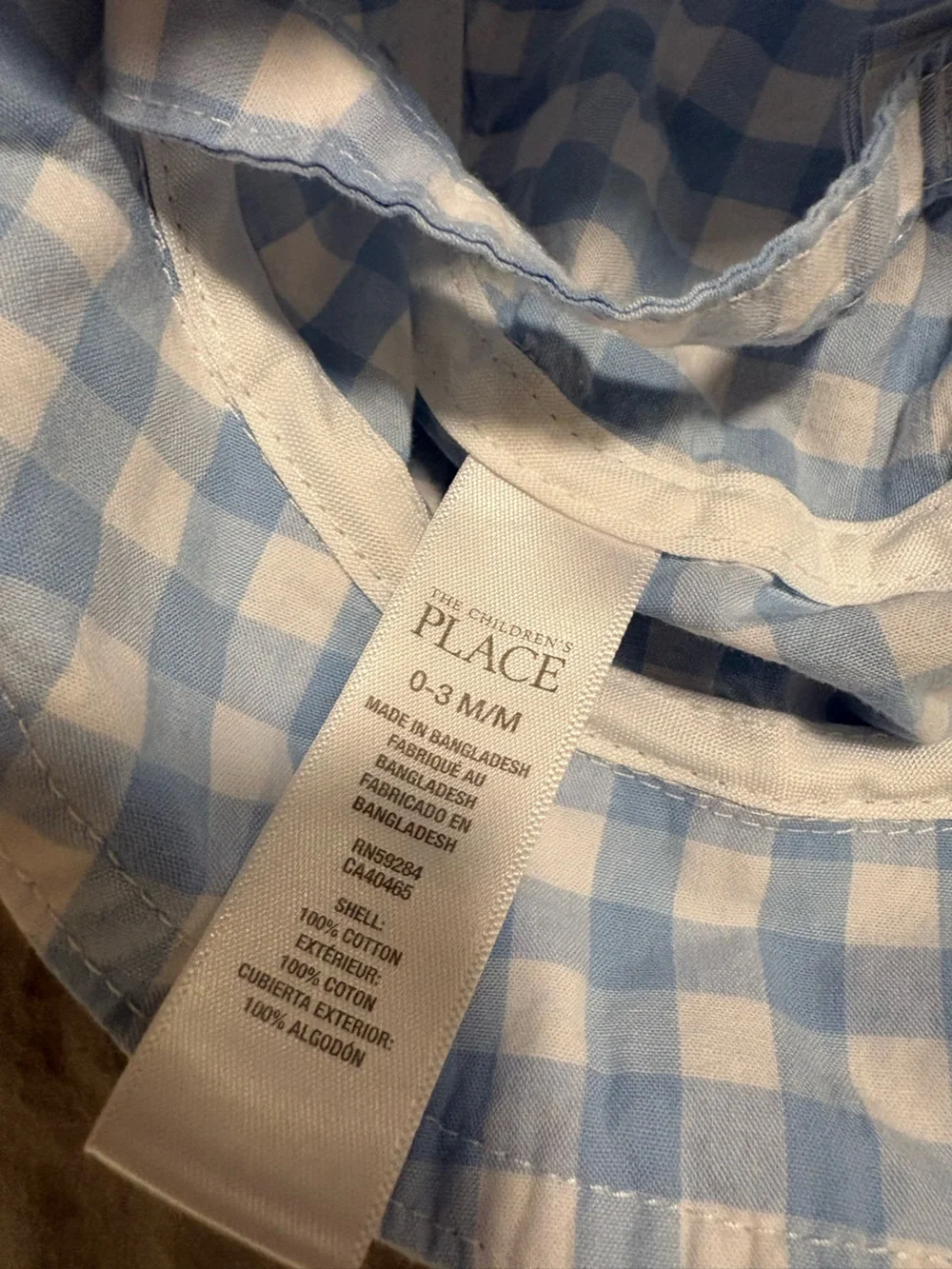 The Children's Place 0-3M Light Blue & White Gingham Romper and Bucket Hat Set